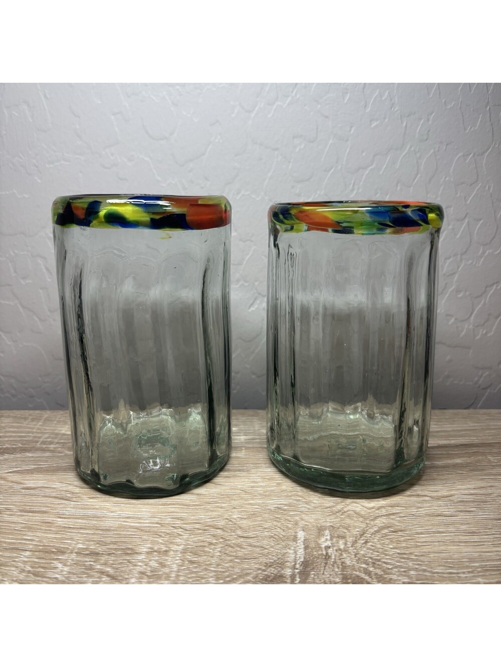 Mexican Hand Blown Glassware Set of 2 Confetti Multi Color Rim Tumblers 5.25"